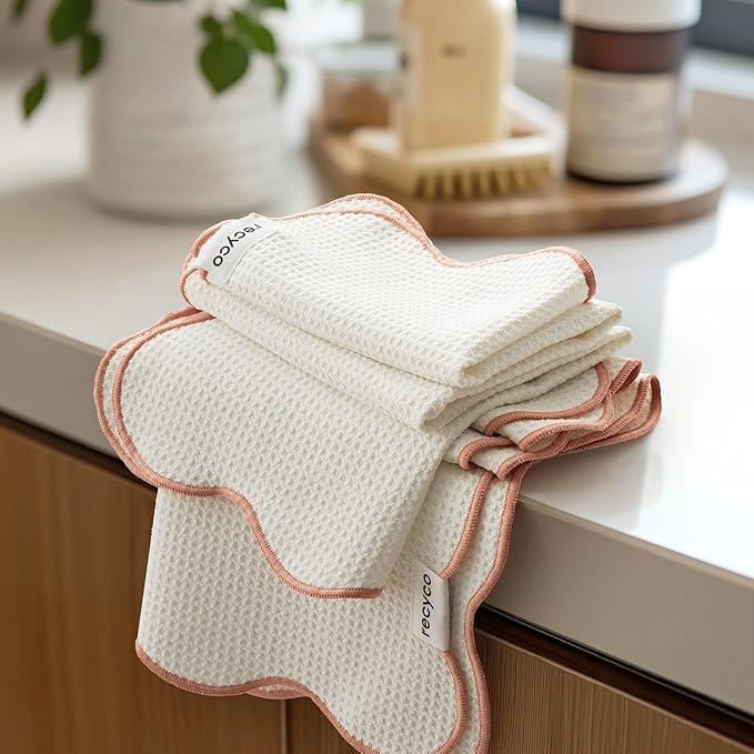 RECYCO Waffle Kitchen Towel Set of 2 - Quick Dry Microfiber Sustainable Dish Towels - Ultra Absorbent Reusable Cleaning Tea Towels - Lightweight Hand Towels,16”x 28”, Coral Pink