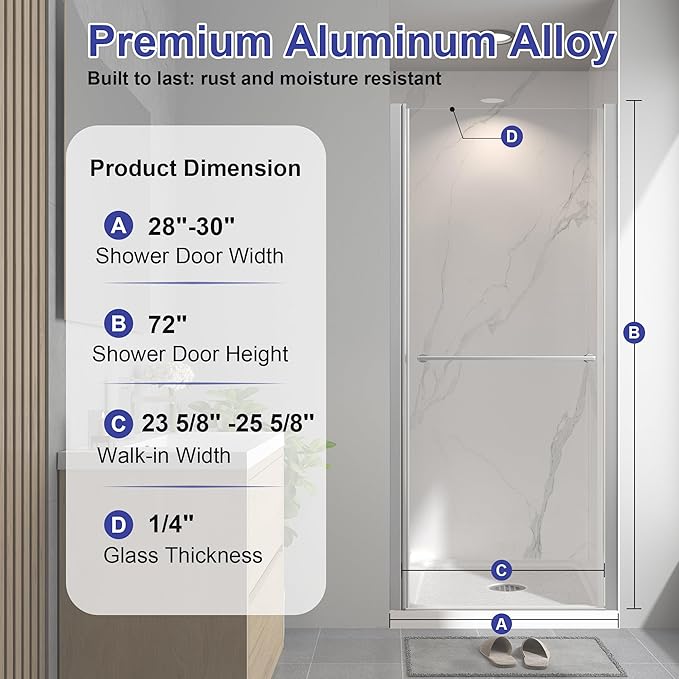 Frameless Pivot Shower Door 28"-30" W x 72" H, Swing Shower Glass Doors with Nano Explosion-Proof Film Tempered Glass 1/4"(6mm) Reversible Installtion, Brushed Nickel Finish