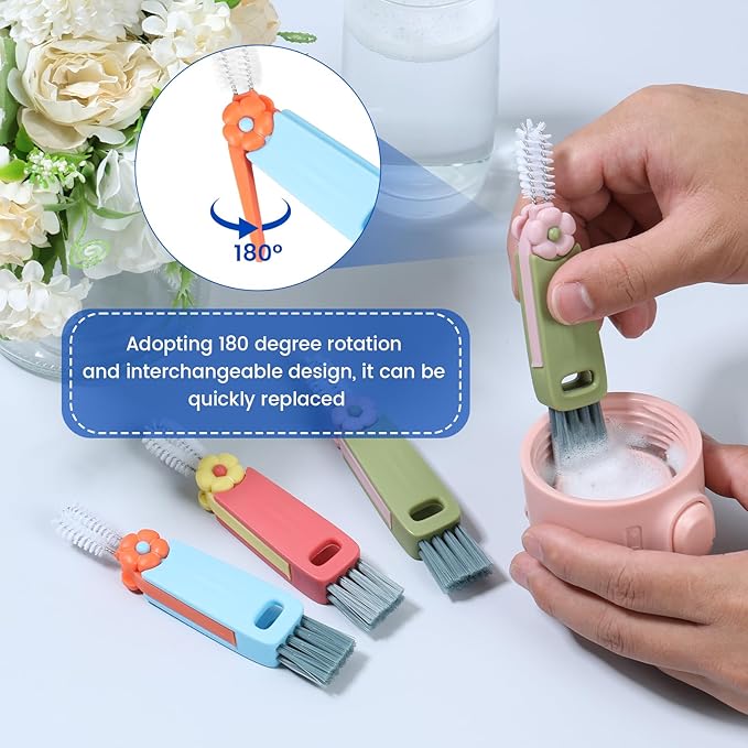 6 Pack 3 in 1 Cup Lid Cleaning Brush, 180° Rotatable Bottle Brush Gap Cleaner, Multifunctional Hangable Crevice Cleaning Brush for Baby Bottle, Water Bottle, Tumbler & Kitchen Mugs