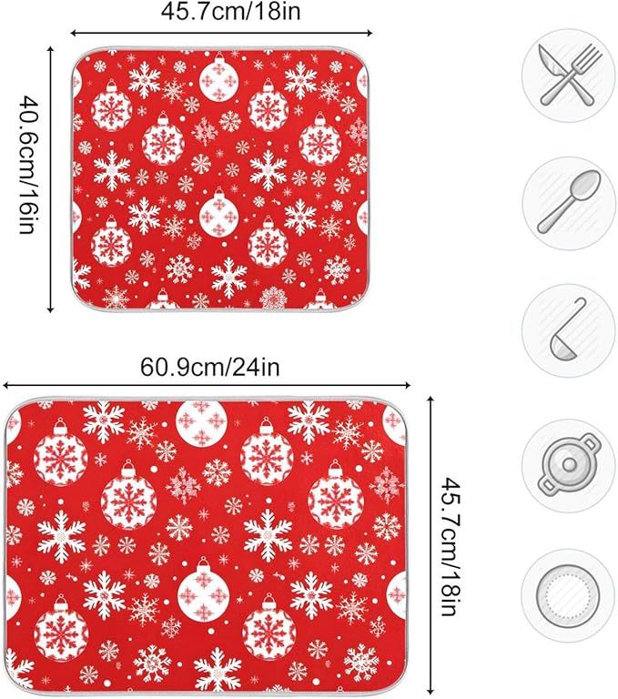 Christmas Snowflake Ball Baubles Dish Drying Mat for Kitchen Counter Absorbent Microfiber Drying Pad, Medium 16x18 in
