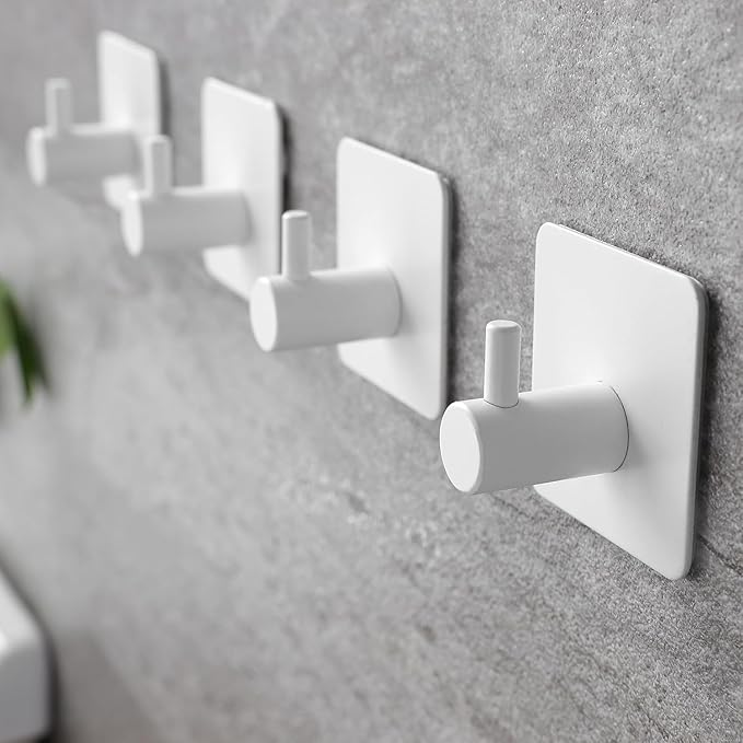 YIGII White Adhesive Hooks - Towel Hook Heavy Duty Stick on Wall Hooks for Hanging Robe/Coat in Bathroom, Bedroom, SUS-304 Stainless Steel, 4 Packs