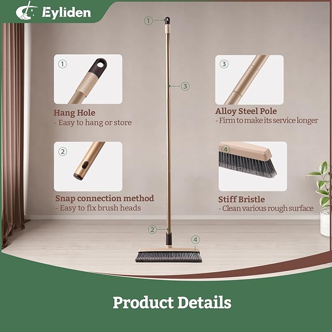 Eyliden Carpet Broom, Angle Carpet Brush with 48" Long Handle, Stiff Bristle Floor Carpet Brush Sweeper for Pet Hair, Patio Garage Deck Concrete Wood Stone Carpet Cleaning Rake Push Broom