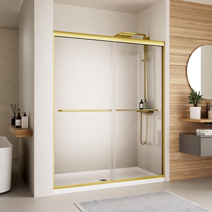 Shower Door,56-60" W x 70" H Semi-Frameless Double Sliding Glass Shower Door with 1/4'' (6mm) Clear SGCC Tempered Glass,Bypass Shower Enclosure,Brush Gold