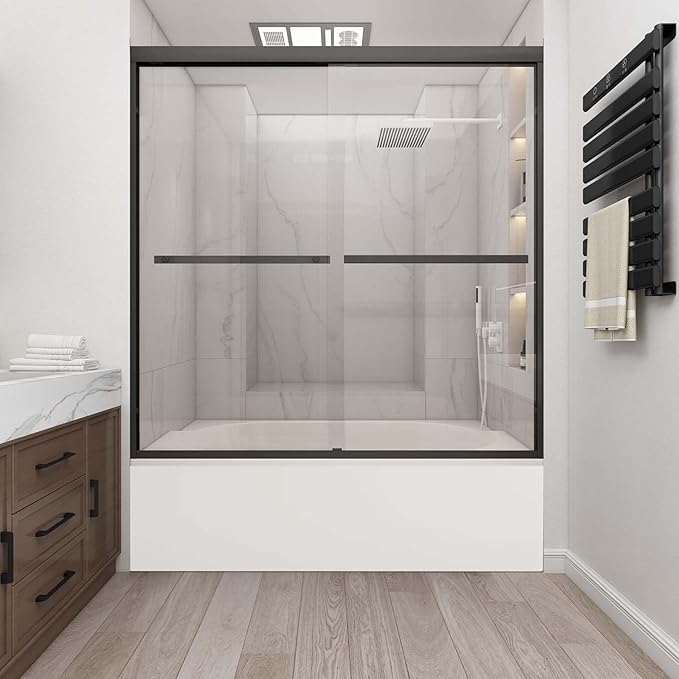 Tub Shower Door 56-60" W x 60" H,Matte Black Bathtub Door with 1/4"(6mm) Tempered Glass,Bathtub Shower Door Easy to Clean