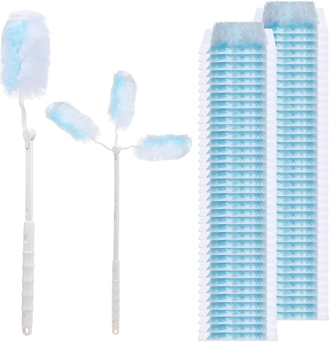 60 Count Duster Refills, Disposable Cleaning Duster Kit Heavy Duty Microfibre Dusters with Extendable Handle Starter Multi-Surface Dusters for Cleaning Home Furniture Blinds Ceiling Fan