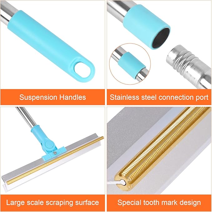 Carpet Rake for Pet Hair Removal, 2 in 1 Pet Hair Remover Tool with Squeegee, Durable Sturdy Dog Cat Hair Rake, 60‘’ Adjustable Handle, 12'' Wide Rake Scraper Carpet Broom for Carpet Rug Mat Cleaning