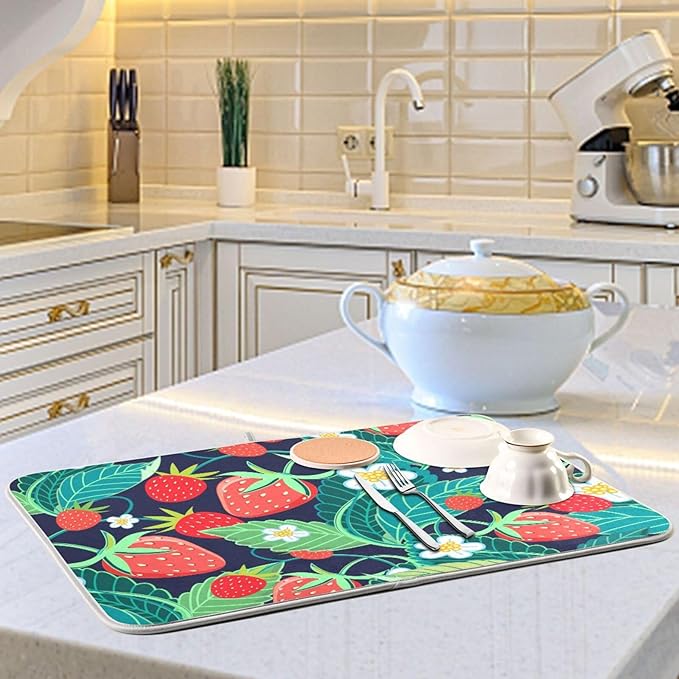 Tarity Green Leaves Red Strawberries Dish Drying Mat for Kitchen Counter Absorbent Heat Resistant Microfiber Dishes Drainer Mat 18x24 in Large Dish Pad Sink Mat Protective Pad Kitchen Decor