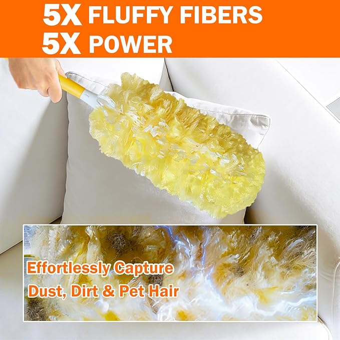 60 Heavy Duty Duster Refills for Swiffer Duster, 3 ft Extendable Handle + 1 Short Handle, Multisurface 360 Dusters kit for Dusting Furniture, Ceiling Fans, Blinds, Corners, Yellow