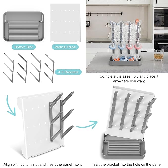 Baby Bottle Drying Rack, Vertical Bottle Rack Dryer Space Saving Bottle Drying Rack Countertop Organizer with Brush Holder for Bottles & Baby Accessories Pacifiers and Pump Part- BPA-Free (Gray)