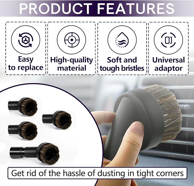 5PCS Horse Hair Brush Vacuum Attachment Set - Black Round Horse Hair Vacuum Attachments & Brushes - Shop Vac Brush Attachment for Most Vacuum Cleaners Accessories - 1 1/4" Vacuum Attachments Included