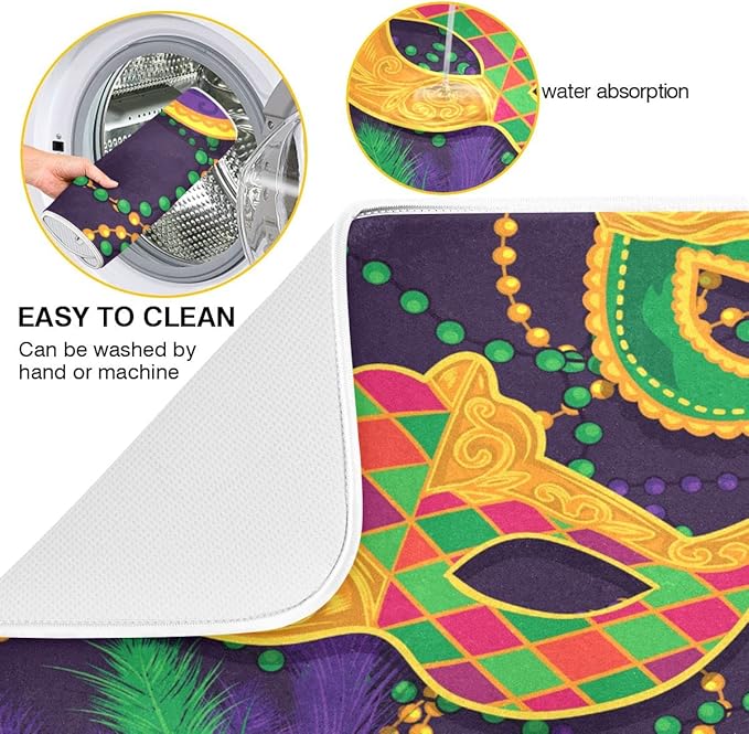 Mardi Gras Dish Drying Mat for Kitchen Mask Beads Confetti Masquerade Party Microfiber Drying Mats Absorbent Reversible Dish Pad Medium Dish Draining Mat 16x18 inch