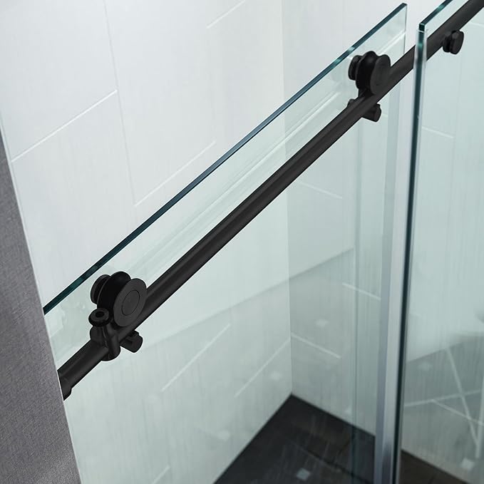 Woodbridge Frameless Single Sliding Shower Doors in Matte Black Finish, 45.5-48" Width x 76" Height with 3/8"(10mm) Clear Tempered Glass, Soft Close System and Explosion-Proof Film, BSDC4876-MB