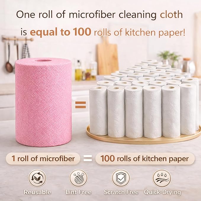 Microfiber Cleaning Cloth Roll - 100 Pack Tear Away Microfiber Paper Towels, Reusable, Washable, Scratch-Free, Kitchen Towels for Car, Home, Kitchen, Glass, Dishes(Pink)