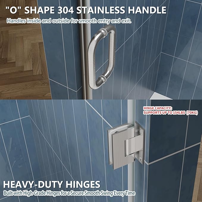 Framelss Hinged Shower Door, 34" W x 76" H Single Swing Pivot Shower Door, 3/8" (10mm) Tempered Glass with Nano Coating, Stainless Handle, Glass Door for Walk-in Shower - Brushed Nickel