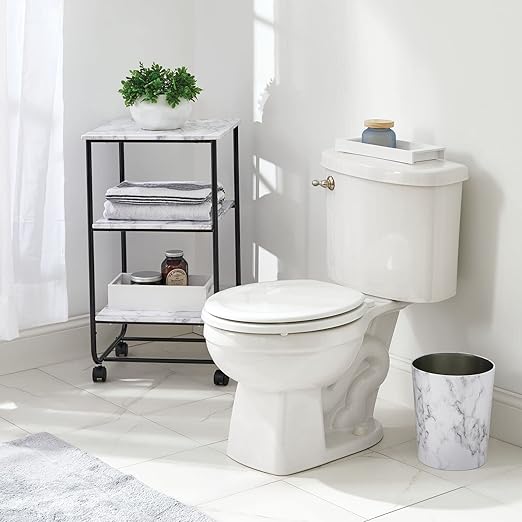 mDesign Round Metal Small 1.7 Gallon Recycle Trash Can Wastebasket, Garbage Container Bin for Bathrooms, Kitchen, Bedroom, Home Office - Durable Stainless Steel - Mirri Collection - White Marble