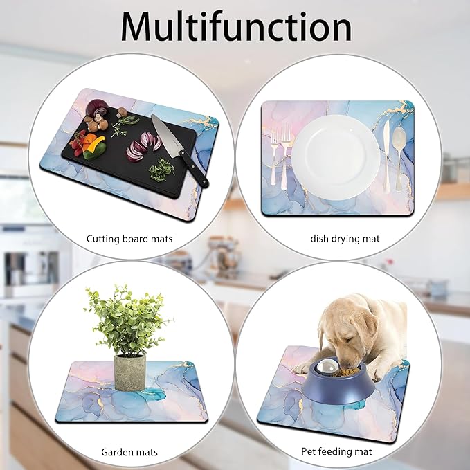 Dish Drying Mat for Multiple Usage. Super Absorbent, Easy clean, Quick dry, Cocina Accesorios for Kitchen Counter or Faucet Sink, Coffee bar, Refrigerator or Air fryer liners, 1 Pack Colorful Marble