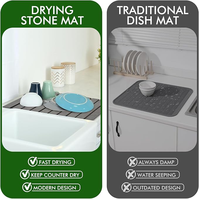 Stone Dish Drying Mat for Kitchen Counter,Large Dark Gray Foldable Diatomaceous Earth Dish Drying Mat,Quick-Dry Absorbent Bath & Countertop Stone Dishes Mats for Dishes Bottles Cups 23"x15.3"