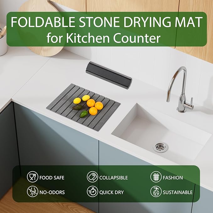 Stone Dish Drying Mat for Kitchen Counter,Large Dark Gray Foldable Diatomaceous Earth Dish Drying Mat,Quick-Dry Absorbent Bath & Countertop Stone Dishes Mats for Dishes Bottles Cups 23"x15.3"