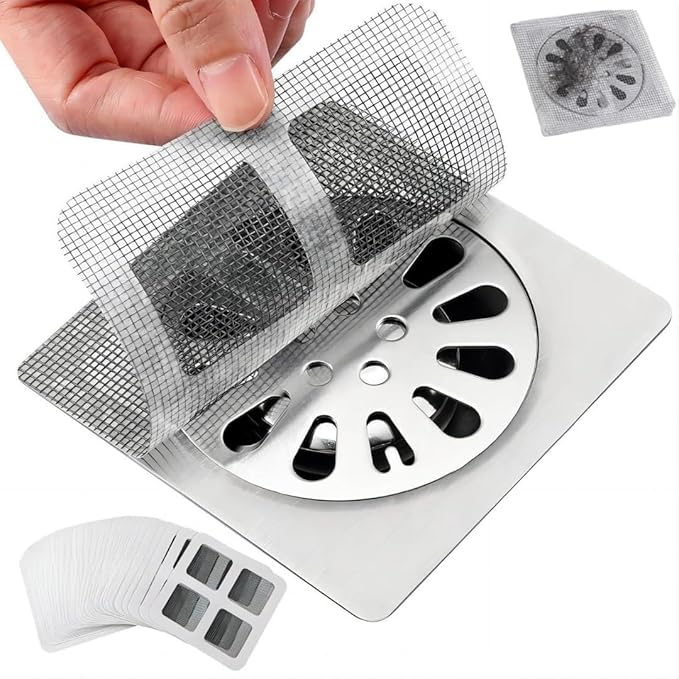 50 Pack Premium Disposable Shower Drain Hair Catcher Stickers – Waterproof Mesh Drain Cover for Shower, Bathtub, Bathroom, Kitchen Sink & Laundry, Easy Peel & Stick Hair Stopper for Human & Pet Hair