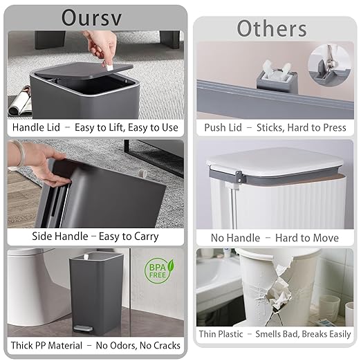 rejomiik Small Bathroom Trash Can with Lid, 2.1 Gallon Step Garbage Can with Handle, Slim Mini Wastebasket Bin for Bedroom, Office, Dorm, Dark Gray