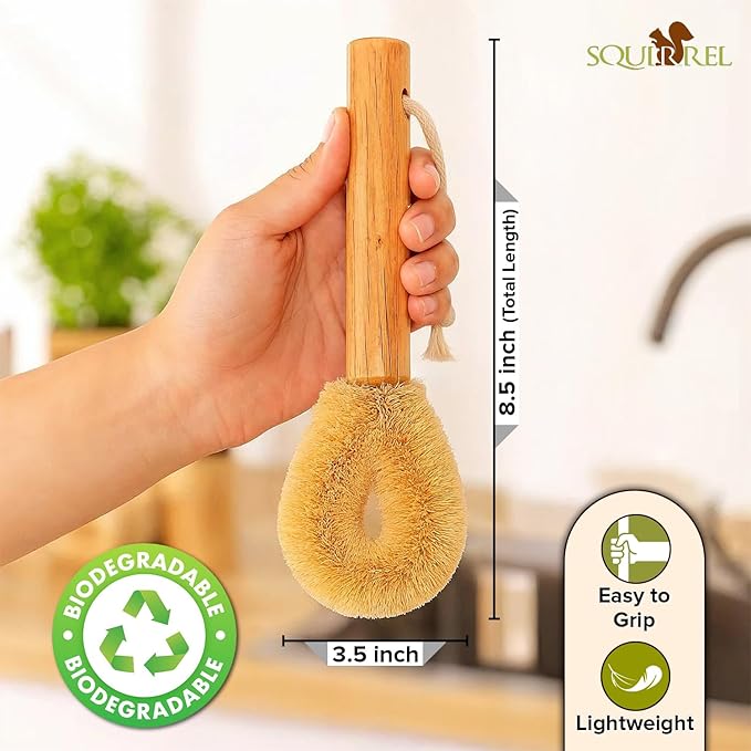 Coconut Fiber Dish Brush with Handle – Natural Dish Scrubber Brush for Kitchen Sink & Pots – Eco-Friendly Dish Cleaning Brush with Built-in Scraper, Sink Scrubber, and pan Cleaning Brush