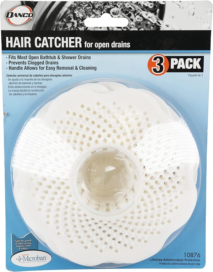 DANCO Tub Drain Protector Hair Catcher | Strainer | Bathtub Drain Snake, Snare and Auger | Hair Drain Clog Prevention | 3-Pack (10876), White