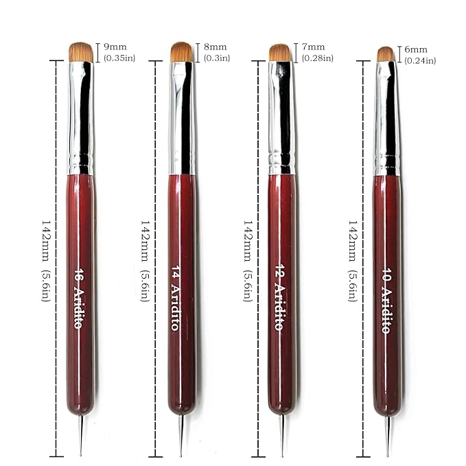 4Pcs Professional Acrylic French Manicure Clean-Up Brushes & Dotting Pens - Red Wood Handles, Precision Tips (#10#12#14#16) for Nail Art, Cuticle Care