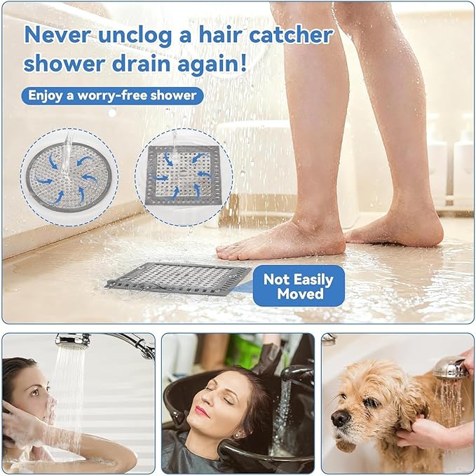 Shower Drain Hair Catcher, 4.72" Shower Drain Cover, All-in-One Universal Sink & Shower Drain Strainer, Easy Installation, Stainless Steel and Silicone Bathroom Accessories for Tub, Bathtub (Square)