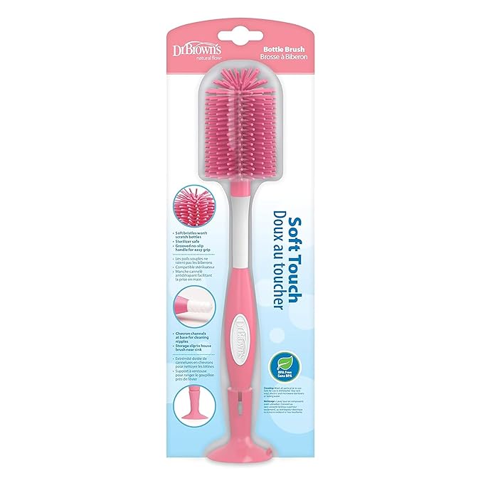 Dr. Brown's Soft Touch No Scratch Baby Bottle Cleaning Brush Nipple Cleaner with Stand and Storage Clip, BPA Free, Pink 2-Pack