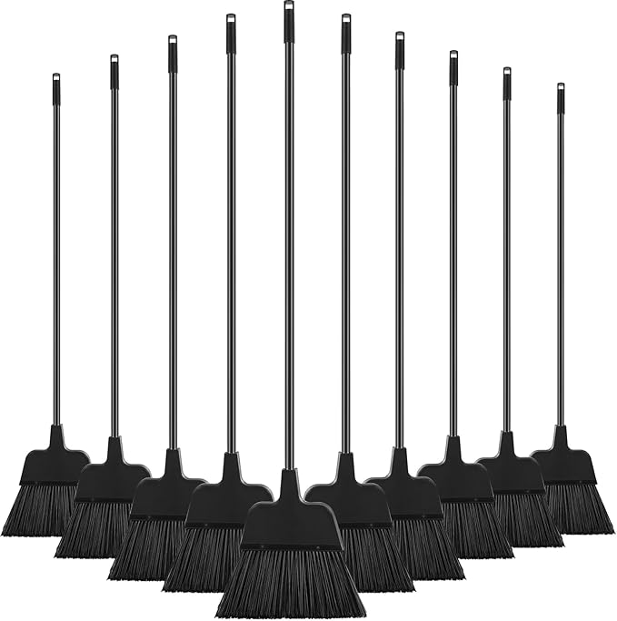 Roshtia 10 Pcs Heavy Duty Broom Bulk 54 Inch Outdoor Indoor Commercial Brooms with Adjustable Long Handle Floor Cleaning Supplies for Courtyard Garage Lobby Patio Shop Home Office(Black)