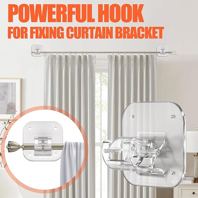 Adhesive Curtain Rods No Drilling Holder,No Drill Curtain Rod Brackets,Renter Friendly Curtain Hooks for Hanging Drapes,Over Blinds for Dorm Apartment Kitchen Bedroom Home Bathroom