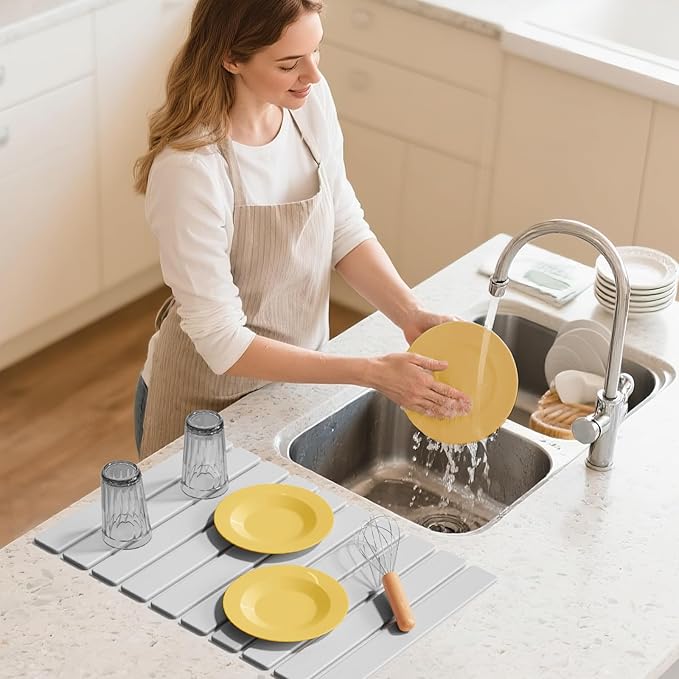 Stone Dish Drying Mats for Kitchen Counter-23.6“x 15.3”Eco-Friendly,Foldable quick dry stone mat kitchen,Absorbent Diatomaceous Earth Mats for Dishes Bottles Cups Bathroom Any Countertop-Light Gray