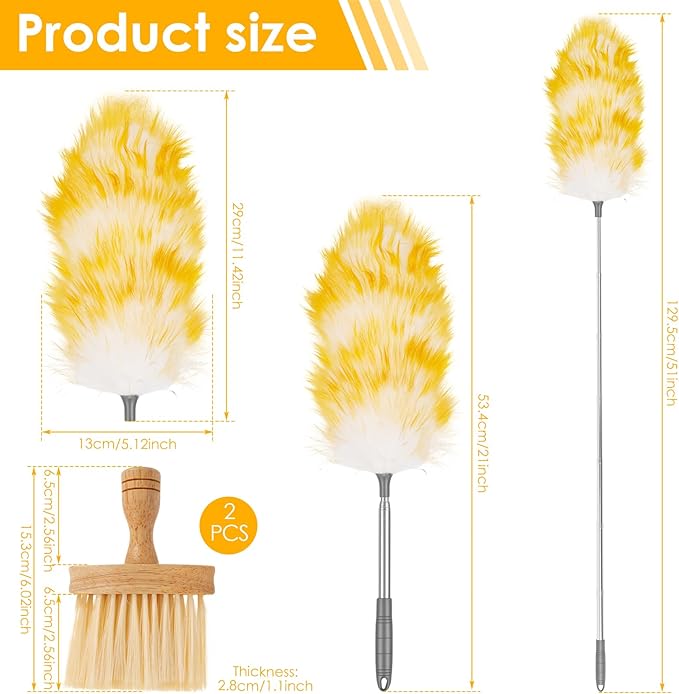 Lambswool Duster, 21"- 51" Extendable Feather Duster with 2 Brush, Long Feather Dusters for Cleaning Fans, Ceiling, Bookshelevs, for Home & Office