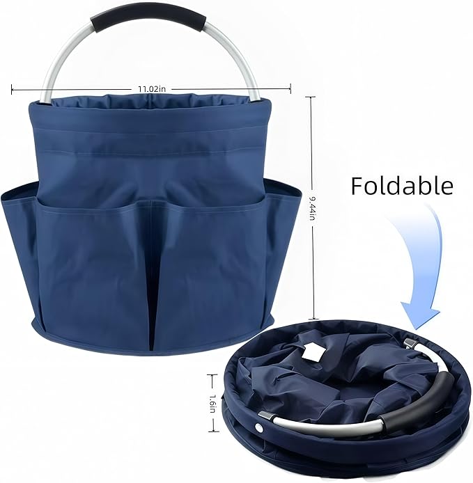 17L Collapsible Cleaning Caddy with Handle - Heavy Duty Oxford Cleaning Supplies Organizer - Multi-Pocket Foldable Storage Bucket for Housekeeping, Car Wash, Gardening & Camping (Navy Blue)