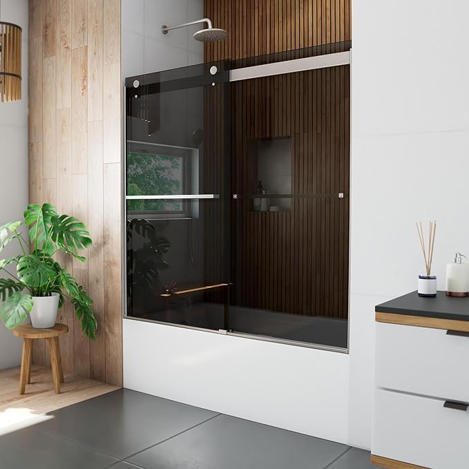 DreamLine Sapphire 56-60 inch W x 60 inch H Semi-Frameless Bypass Tub Door in Brushed Nickel and Smoke Gray Glass