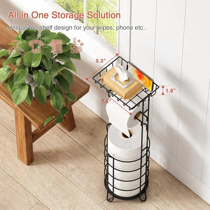 Matte Black Free Standing Toilet Paper Holder Stand with Shelf, Freestanding Bathroom Tissue Dispenser with Wipes Storage, Floor Toilet Paper Holder with Phone Tray for Large Mega Rolls