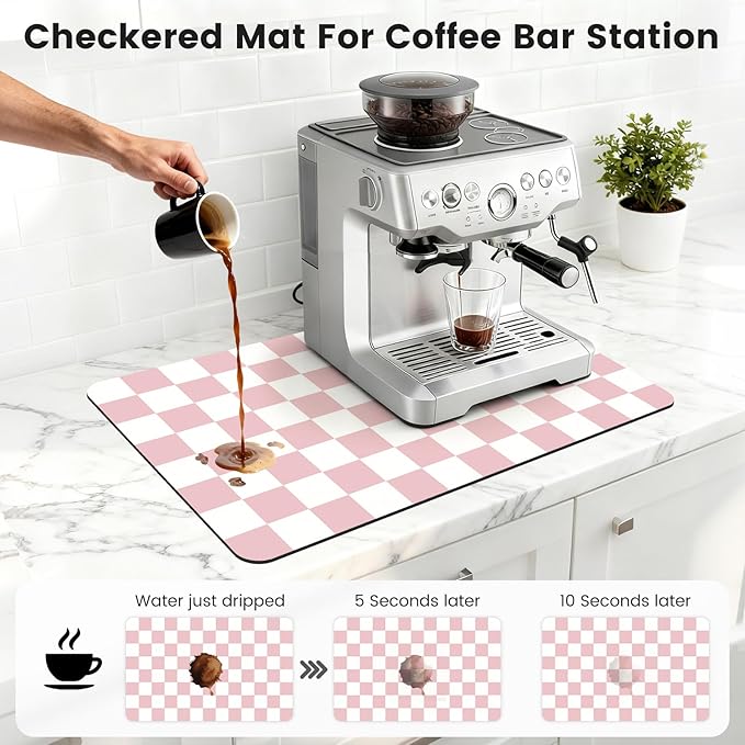 12" x 20" Checkered Dish Drying Mat for Kitchen Counter, Absorbent Coffee Bar Mat for Espresso Machine Coffee Countertops Accessories (Pink)
