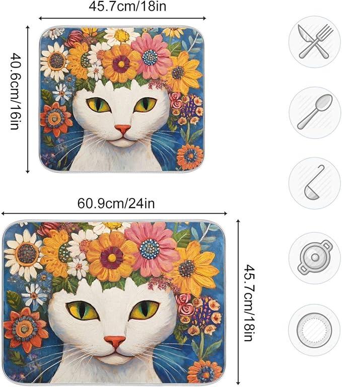 White Cat Colorful Flowers Pattern Dish Drying Mat for Kitchen Counter Super Absorbent Drying Mat 18x24 inch Large Dish Drying Matts for Countertop Protector Dishes Pad