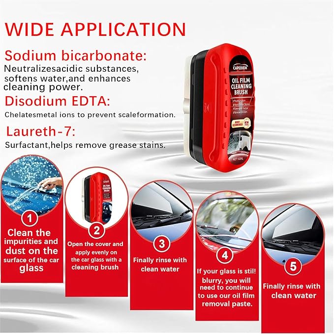 CAPEDIEM 2026 NEW Automotive Oil Film Cleaning Brush for Car Windows,Glass Cleaning Board, Suitable for Windshield Glass Oil Film Remover, Car Windshield Cleaner (red)