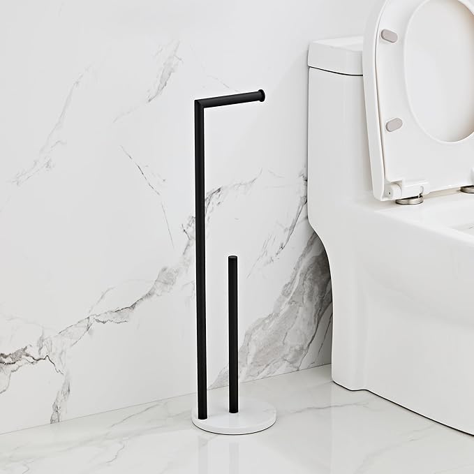 Marble Toilet Paper Holder Stand -Matte Black, Freestanding with Storage, Floor Stand, Toilet Roll Holder, Standing Paper Towel Holder