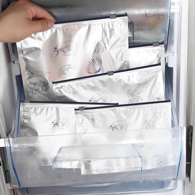 FERENLI 20 pcs 9.1x6.7inch Reusable Aluminum Foil Food Storage Bags with Label Zipper Seal Lock Stand up Freshness Freezer Bags for Meat Fish Vegetables Fruit Seafood Kitchen Organization