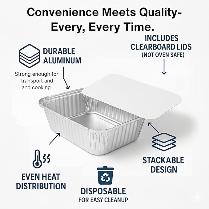 PARTY BARGAINS 4 lb Aluminum Pans with Board Lids, 50 Pack – 12 x 8 in Disposable Foil Roasting & Steam Table Pans for Catering, Takeout, Meal Prep, Oven Safe up to 240°C