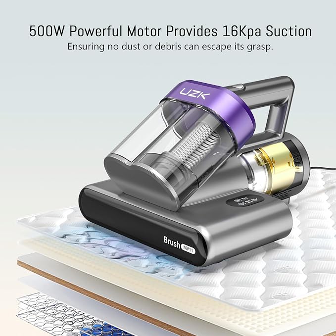 Bed Vacuum Cleaner Mattress Vacuum Cleaner,16Kpa Powerful Handheld Vacuums with UV-C Light & Double Dust Cup & High Heating & Ultrasonic & Anion for Bed Sofa (MV11,Deep Black)