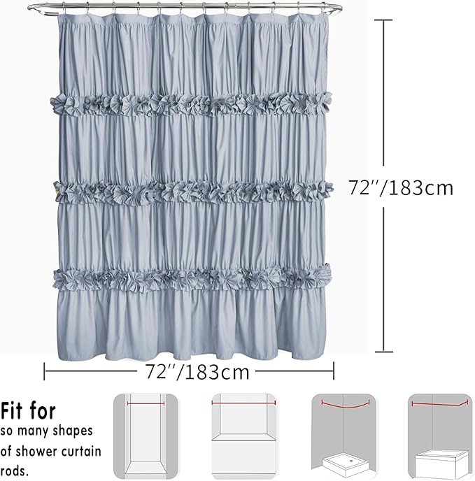 Fog Blue Ruffle Shower Curtain, Vintage Handcrafted Bow Tie Bath Curtain for Master Bathroom, Ruched Microfiber Bathroom Curtain with 12 Buttonholes, 72" W x 72" H (LQ-10)
