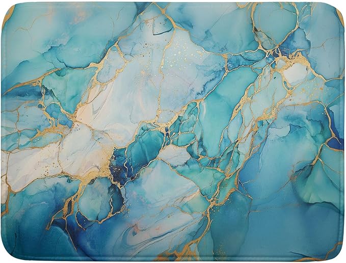 Marble Print Dish Drying Mat for Kitchen Counter,Blue Teal Turquoise Gold Drying Mat 18 x 24 Inch with Absorbent Reversible Microfiber Drying Pad for Coffee Bar