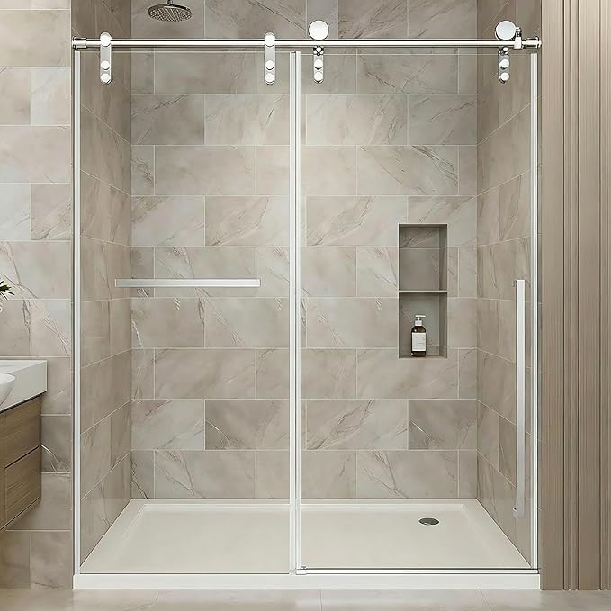 56-60" W x 75" H Frameless Shower Door, Sliding Shower Glass Door with 5/16"(8mm) Tempered Glass, Shower Doors for Walk in Shower with Explosion-Proof Film, Easy to Clean, Bruhed Nickel