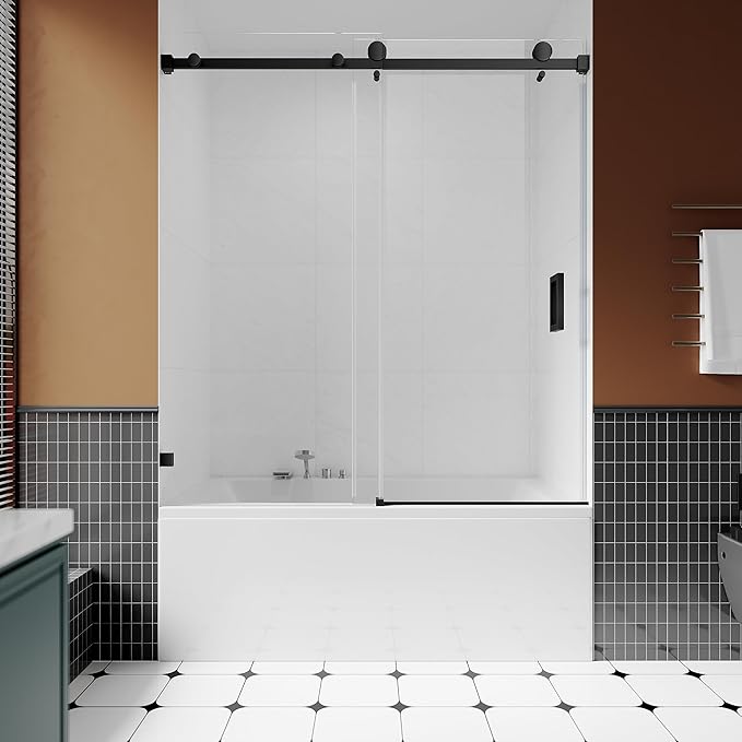 3/8" (10mm) Sliding Glass Shower Door for Bathtub, 56-60" W x 66" H Frameless Bathroom Door with Easy-Cleaning Coating,Matte Black