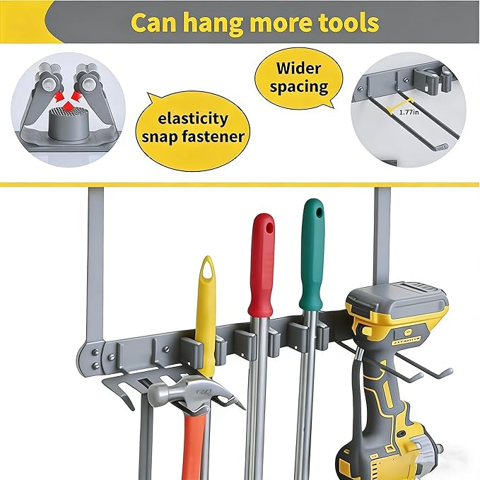 Broom Holder Door Mount,Door Mounted Broom and Mop Holder with Dual Tool Hooks, Three Slots, and One Tool Storage Basket For Laundry Room, Garage, Closet, warehouse, Kitchen Decor (grey)