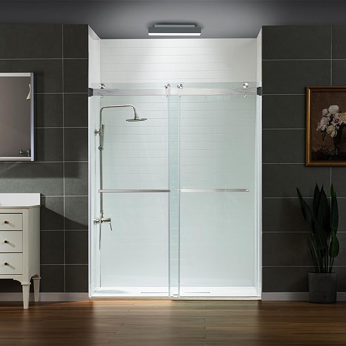 Woodbridge Frameless Shower Doors 56-60" Width x 76" Height with 5/16"(8mm) Clear Tempered Glass, 2 Ways Opening & Double Sliding in Brushed Nickel Finish