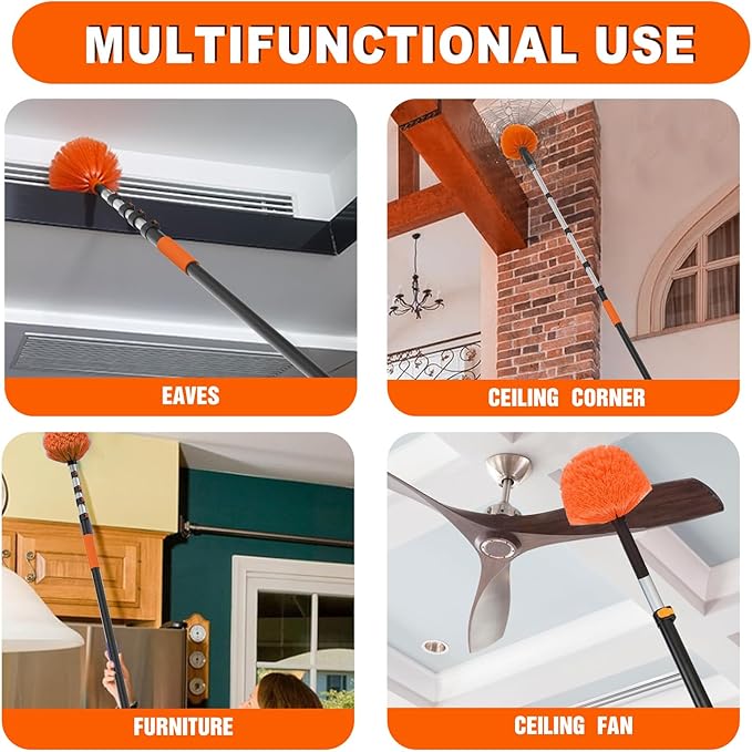 20FT Reach Cobweb Duster with Extension Pole, High Ceiling Long Duster with 3-12FT Telescoping Pole, Spider Web Brush for Indoor Outdoor Use